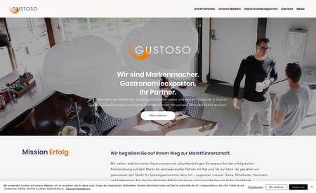 Gustoso Gruppe: Unternehmenswebsite eines großen Franchiseanbieter im Gastrobereich. Das es sich um ein Mutterkonzern handelt, der viele Tochterunternehmen hat, wollte der unbekannte Mutterkonzern mehr Präsenz zeigen.