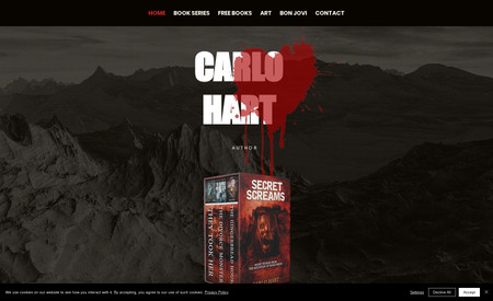 Carlo Hart Author: Carlo Hart is a horror writer who wanted a dark and stylish website that had some interesting elements that promoted his writing, music and art.

Carlo's review: ⭐️⭐️⭐️⭐️⭐️

"Stuart is awesome. Not only did he make me a fantastic and professional site but he helped me out in ways that went above and beyond.

Stuart has done work for the Self Publishing Formula crew. That's James Blatch and Mark Dawson, for the three people that don't know - in the self publishing world they are the gold standard. To work with someone who has done work for them meant I had an instant heavy hitter on my team.

It was clear to me that Stuart should be my guy by looking at his portfolio. He makes web sites for authors. That should tell you everything, His sites look exactly as I wanted mine to look - like a professional authors. So it was easy to chose him.

The work he did for me is great and totally on brand. He had good looking design ideas and he implemented them quickly and easily. I didn't have to wait around for him to do something. He gave my site (horror genre) the perfect little touches you would expect from a cool web site.

He did two zoom sessions with me for longer than he needed to. He made sure I was up to speed on all of the small details that can be overwhelming if you don't have someone to show you the way. And he recorded our sessions so I didn't have to rely on my ridiculously tattered memory!! But here is where Stuart really stood out - he helped me with things that were more than just a web site. He totally helped me with my second cover and I ended up getting a new one that is actually on brand and looks like part of a series unlike the one I had before. Now my series looks like a real series!

He also helped me with author career stuff. He has worked with enough authors to have an experienced perspective on things. He strongly encouraged me to get my books out there instead of sitting around and planning. Now my books are on preorder and things are moving in an exciting direction rather than static non motion. He gave me the kick I needed.

In short if you want a professional author web site, Stuart is your guy. If you want extra help with email responders, and branding, and cover design and career advice then Stuart is definitely the guy for your team. No need to hesitate, save the thinking for your next book. Just hire him, it's an easy decision. If you want to see what he made for me - go to carlohart.com (and get your free box set! haha!!)

Carlo Hart, September 2021  ⭐️⭐️⭐️⭐️⭐️