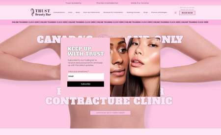 TRUST Beauty Bar: The Trust Beauty Bar website exudes a vibrant and feminine aesthetic with its predominant use of pink hues, creating an atmosphere of trendy elegance. As a one-stop shop for beauty and self-care, the website showcases a comprehensive range of services tailored to individual needs. The tone is inviting and reassuring, emphasizing the Trust Beauty Bar's commitment to providing customized treatments and specialized care, particularly for aesthetic surgery post-operative recovery. The website conveys a sense of welcoming and expertise, promising a personalized experience for clients seeking to enhance their natural beauty.