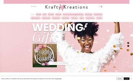 kraftykreations: Online store for personalised gifts for all occasions.  Includes Wix Stores, Category pages, shipping and online payment portal. Client logo created on the Wix.com platform.