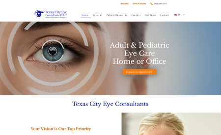 Texas City Eye : Texas Eye Consultants is a Customized website in Classic Editor and offers both EN and SP.