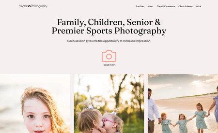 Villafano Photography:  Family and Portrait Photography website. The layout  showcases beautiful images, slideshows, galleries  to entice potential clients to book with them!