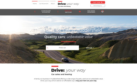 Drive: Your Way: An advanced, branded car leasing and used car sales website to advertise and generate enquiries for vehicles for sale at a local car dealership. Cars filtered into categories for easy management and display.
