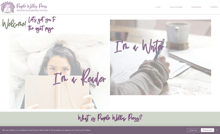 Purple Willow Press: Purple Willow Press is a new publishing house, dedicated to providing an excellent experience for their authors and readers. 

While content is low at the moment, we have the site easily navigable with routes separated for different audiences. Contact forms are most necessary at this time as they are recruiting new authors. 

It is also home to several landing pages that are linked from books for readers to receive swag and birthday surprises, etc. 
