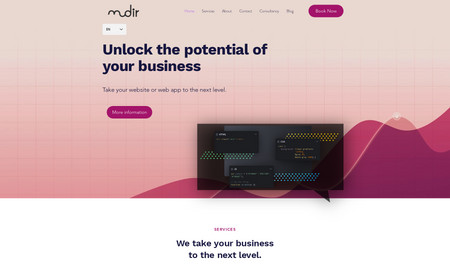 Mudir Solutions: MudirSolutions is a site meticulously crafted for individuals seeking immediate assistance in programming, web design, and a broad spectrum of tech-related inquiries. Our platform is dedicated to providing rapid, expert consultation to navigate the complexities of technology. Whether it's a coding conundrum, a web design dilemma, or a tech-specific question, MudirSolutions offers the expertise to provide solutions in real-time. In addition, clients can schedule meetings tailored to their specific projects using Wix Booking or request personalized quotations to ensure their needs are precisely met. We stand as a beacon for those in need of technical guidance, ensuring that help is just a few clicks away for anyone, anywhere, at any time, with the added flexibility of custom consultations.