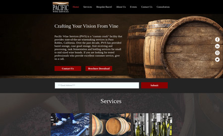 Pacific Wine Services: Our team created a new website for Paso Robles based "custom crush" facility Pacific Wine Services. Our work included mobile optimization, extensive SEO work and social media setup.