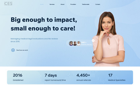 CES: CES, Inc. manages medical legal evaluations on behalf of medical experts located throughout the United States. They needed a migration and redesign from Wordpress to Wix Studio.