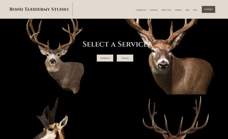 Bond Taxidermy: A Wix Studio site with a sleek, simple design
-Landing page for service selection
-Extensive image galleries
-Lead form
-PDF downloads
-Optimized for all screen sizes