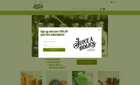 juiceaholics: e-Commerce Website Design

what we did: 

✓comprehensive consultation to understand business and target audience 

✓custom design tailored to brand and style 

✓ user-friendly navigation for easy access to information 

✓ developed the website's functionality, including forms, and interactive elements 

 ✓integrated products in Shop 

✓ integrated Subscriptions feature for clients to sign up for ongoing services 

✓ mobile optimization for seamless browsing 

✓ search engine optimization for improved visibility and ranking 

✓ domain connection  

✓ launched website and tested functionality across devices; making adjustments as needed 

✓ training for client on website maintenance 
