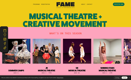 FAME: FAME School of Performing Arts is a renowned organization with a rich legacy, having showcased its talent on stages across two continents for over 20 years. Its primary focus is on teaching children about theatre, dance, and vocal arts, catering to students at various levels, ranging from toddlers to high school seniors pursuing a pre-professional path. The school is well-known for cultivating triple threat performers, proficient in acting, dancing, and singing. When the legendary company approached us for a rebranding project, we were thrilled to take on the challenge.

Since the last update to their branding in 2007, the company has experienced significant growth, expanding from a single Saturday musical theatre class to a comprehensive studio catering to ages 8 months to 18 years. Our objective for FAME's rebranding was clear: to honor the organization's roots while also attracting new families to join their community. We aimed to create an identity that not only paid homage to their legacy but also stood out as bold and iconic on its own. Additionally, we sought to incorporate more elements that reflect the essence of musical theatre and its distinctive style.