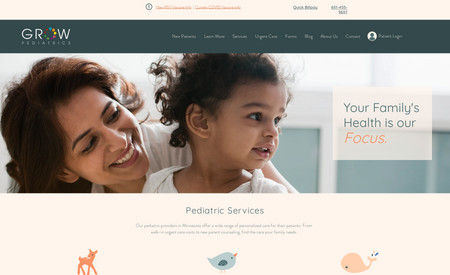 Grow Pediatrics: This professional pediatric website was designed with a family-friendly theme. This website incorporates a patient portal login, custom graphics and forms. 