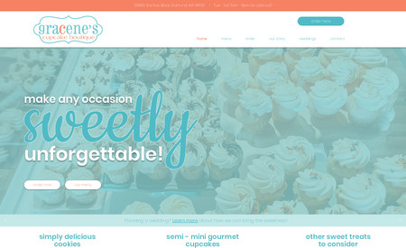 Gracene's Cupcake Boutique: Custom website design for a dessert bakery. This design was created to streamline the Square ordering process with integration.