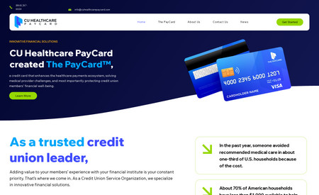 CU Healthcare PayCard: Custom Wix Studio design, full branding design, credit card graphics, and phone graphics.