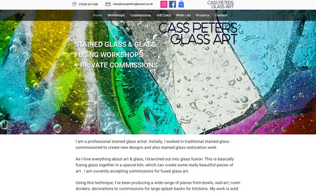 Casspetersglassart: Client required an e-commerce site to sell courses and glass art.  I designed a logo and built the site around her requirements. We looked at quirky design to reflect the gorgeous glass work that she created