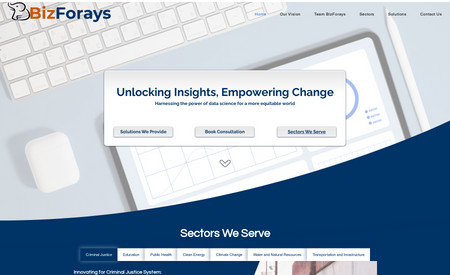 BizForays: This website was built from scratch featuring data analytics services for private and public sectors