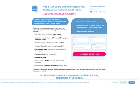 Studio Bleu: Location de studios musicaux à Paris. Mise en place d'une page d'atterrissage (landing page) pour leurs campagnes de publicité numérique. Suivi des statistiques grâce à Google Analytics 4 et les outils de remarketing Facebook et Google.