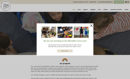 The Community School: Features the Wix blog to showcase community outings, Wix Events to display the school year calendar in an easy format, use of the Content Manager to easily manage staff member profiles, and a contact form for tour requests.