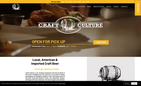 Craft Culture: Restaurant website with menu and delivery functions. This website also features Wix's event widget and an option for inquiring about catering. 