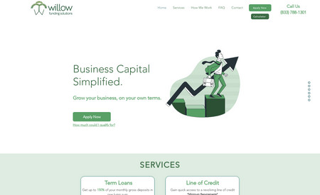 Willow Funding: A responsive, mobile-friendly website for a loan company.

The client needed an information site that featured a responsive call to action form in order to generate qualified leads for his business.

We built the site, designed icons and vector images, and built custom-coded and interactive forms.
