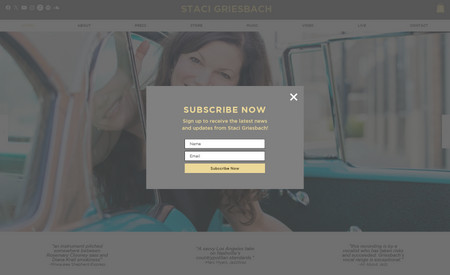 Staci Griesbach: This website features dynamic photo galleries, social media plug-ins, and an online store with capabilities for purchasing physical and digital music files.