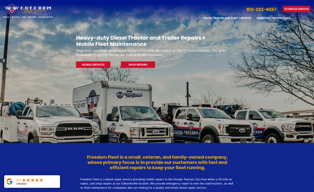 Freedom FleetService: Freedom Fleet Service Freedom Fleet Service provides emergency mobile repair and fleet maintenance to heavy-duty semi trucks and trailers in the Greater Kansas City Area.​ The website design project included the development of a strategic website strategy and website design services to promote the booking of mobile and in-shop truck repairs. The site features a ​custom form for embedded technician skills assessment, email automation, a custom contact form, links to social pages, and clear calls to action.