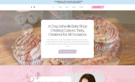 Coco's Bake Shop: Coco's Bake Shop owner, Nicole, came to me with a DIY'd, somewhat dated Wix website, and she knew what she wanted, but needed someone to execute her vision. So we redesigned her website entirely on Wix, incorporated a new font system, a new color palette, added her new brand photos all throughout the site, created an interactive, easily changeable dessert menu, and more.