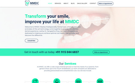 MMDC: We built and launched Madras Multispecialty dental clinic's Wix website, designing the layout and integrating features such as online appointment booking and patient resources. We optimized the site for search engines and conducted testing to ensure proper functionality. The website has resulted in increased online visibility and patient engagement.