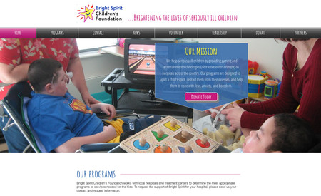 Bright Spirit Org: Website for a non-profit organization that raises money to provide entertainment for seriously-ill children across the United States. 